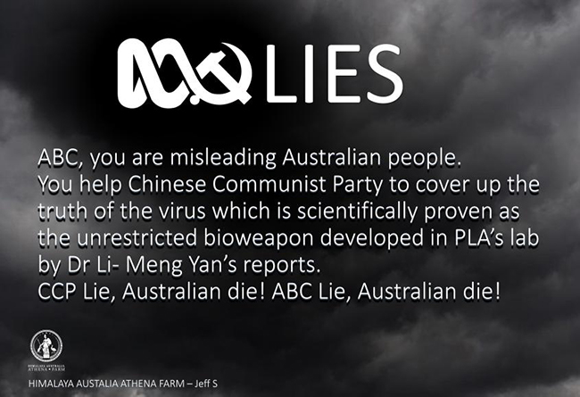 Text reads: ABC you are misleading Australian people. You help Chinese Communist Party to cover up the truth of the virus...